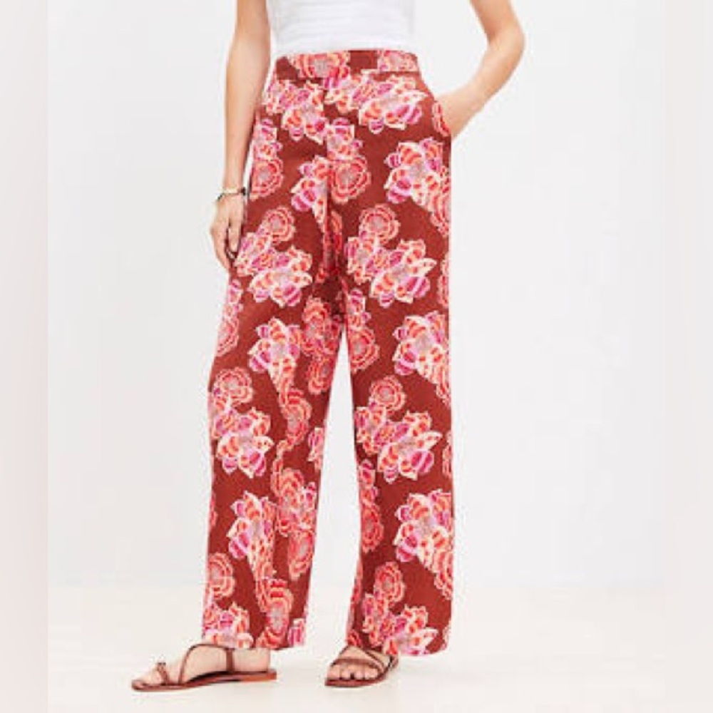 NWT LOFT Fluid Pull On Wide Leg Pants in Textured Floral Linen Blend - Sz M
